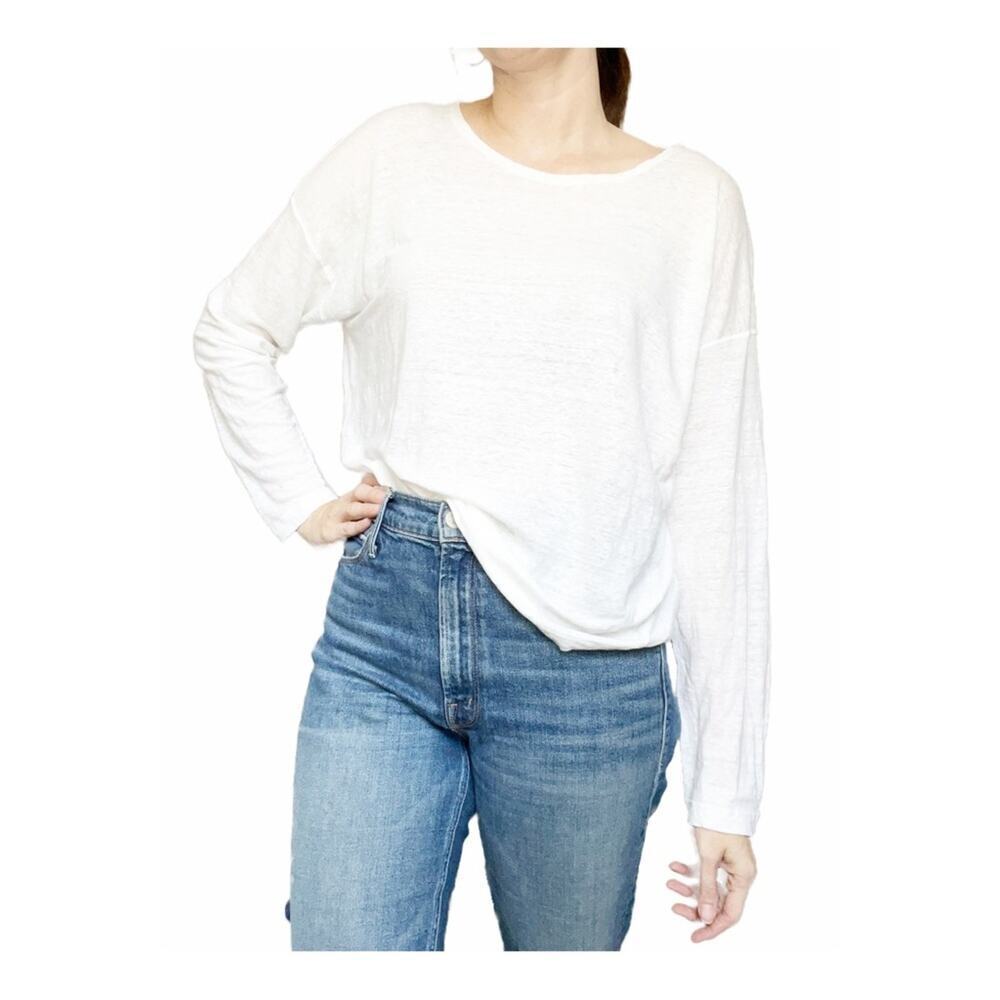 Eskandar Long Sleeve Boat Neck Linen Tee Top White One Size/ Small Medium